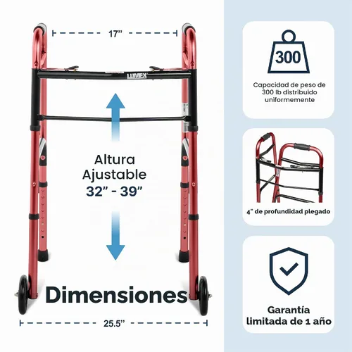 Vista 7 de Lumex ColorSelect Walker, Andador ligero y plegable de 2 ruedas para adultos y personas mayores, rojo