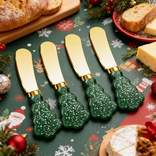 Vista 7 de Juego de cuchillos esparcidores de árbol de Navidad, cuchillos de mantequilla de acero inoxidable dorado, utensilios de servir para mermelada