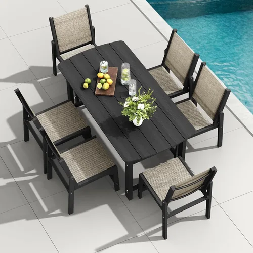 Vista 41 de Mesa de comedor rectangular para exteriores, mesa de polietileno de alta densidad resistente para 6, mesa de patio resistente a la intemperie