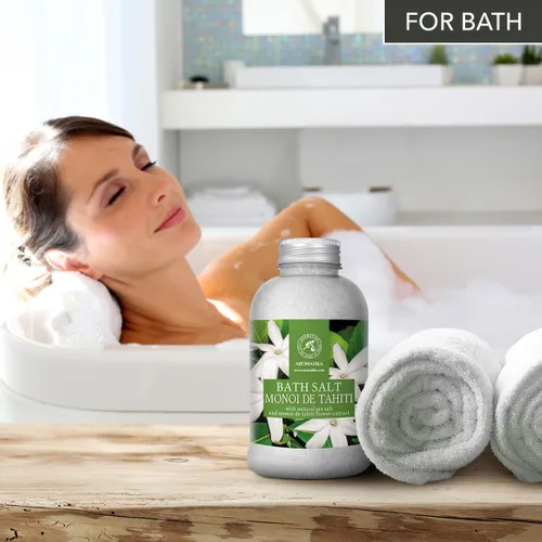 Vista 6 de AROMATIKA - Sal de baño Monoi de Tahiti 21.16 oz (600 g) – Aroma de flores de coco y gardenia – Baño relajante – Buen sueño – Aromaterapia – Baño