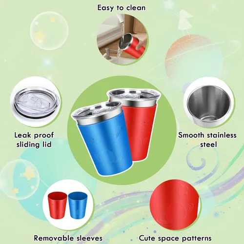 Vista 5 de ShineMe Vasos de acero inoxidable para niños, paquete de 2 tazas para niños con tapas y bonitas mangas de personajes espaciales, vasos antiderrames