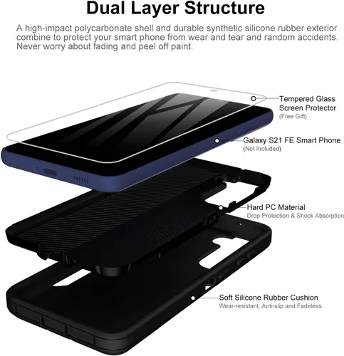 Vista 3 de Funda para Samsung Galaxy S21 FE 5G y protector de pantalla de vidrio, cubierta de puerto a prueba de polvo, protección de cuerpo completo, funda