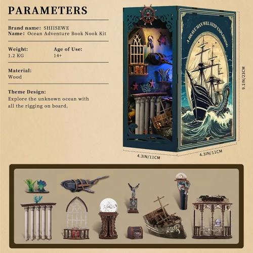 Vista 4 de Book Rinck, kits de rincón de libros para adultos, rompecabezas de madera 3D de aventura oceánica, decoración con luz LED, estante de rincón de Azul