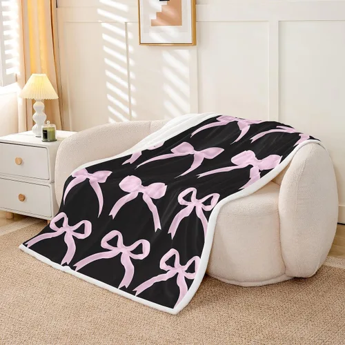 Vista 2 de Erosebridal Black Pink Bow Fleece Throw Blanket 40"x50" - Ultra-Soft for Couch Sofa Bed,Kawaii Cool Bowknot Sherpa Blanket,Princess Style Fuzzy