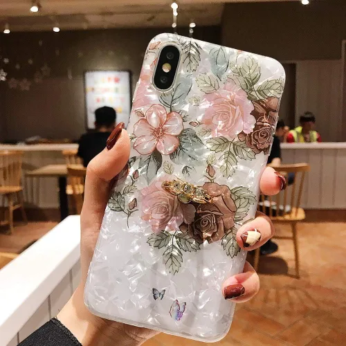 Vista 3 de Qokey - Funda de mármol compatible con iPhone Xs Max, diseño de anillo giratorio de 360 grados, TPU suave a prueba de golpes, diseñada para iPhone