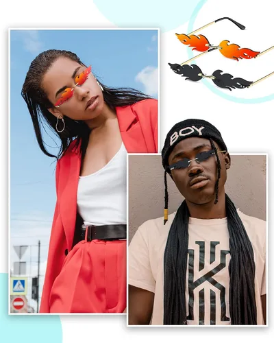Vista 4 de 8 pares de gafas de sol con llama de fuego sin llanta gafas de sol divertidas novedosas gafas de sol para fiestas para mujeres y hombres