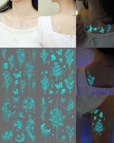 Vista 10 de 20 hojas de tatuajes temporales de mariposa que brillan en la oscuridad para mujeres, flores luminosas, mariposas, alas de tatuaje, calcomanías