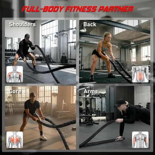 Vista 7 de Cuerda de batalla para entrenamiento de gimnasio en casa, 1.26 pulgadas, 30 pies, cuerdas de ejercicio de entrenamiento pesadas, equipo de fitness