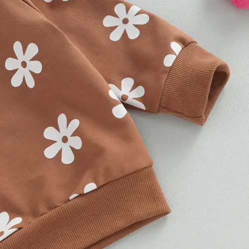 Vista 4 de MAYUMMPY Conjunto de 2 piezas de sudadera con cuello redondo floral y pantalones para bebé niña
