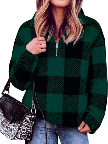 Vista 14 de BTFBM - Suéter sin botones de sherpa con capucha para mujer, con 1/4 de cremallera y manga larga, suave y mullida, de vellón Azul
