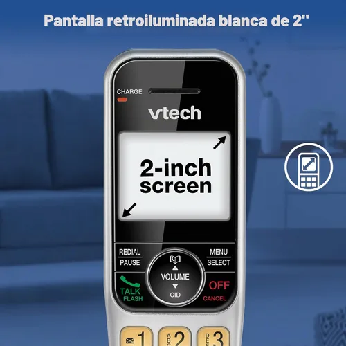 Vista 4 de Sistema de teléfono inalámbrico VTech para el hogar con bloqueo de llamadas, pantalla grande y botones, pantalla retroiluminada, altavoz