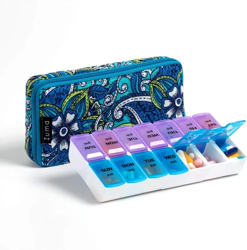 Vista 21 de Organizador Semanal de Pastillas 2 Veces al Día, Pastillero Zumd de 7 Días con Bonita Funda de Tela Acolchada con Cremallera, Estuche de Pastillas