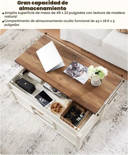 Vista 4 de OKD - Mesa de centro de granja de 48" con puerta de granero deslizante, mesa rústica con compartimento de almacenamiento oculto, superficie superior