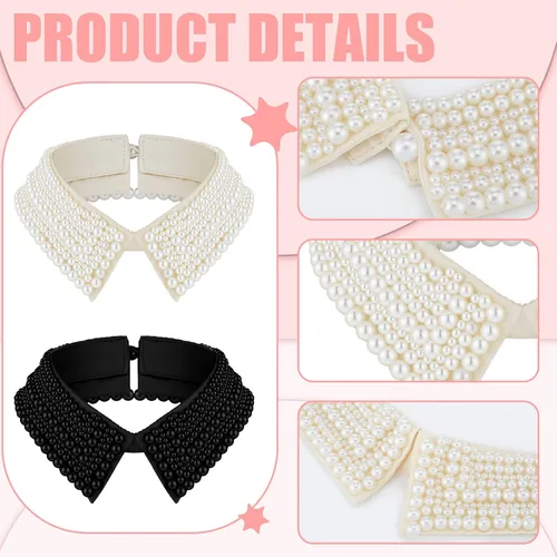 Vista 3 de Collar de perlas de 2 piezas para mujeres y niñas, collar falso desmontable con cuentas de perlas simuladas, collar Dickey