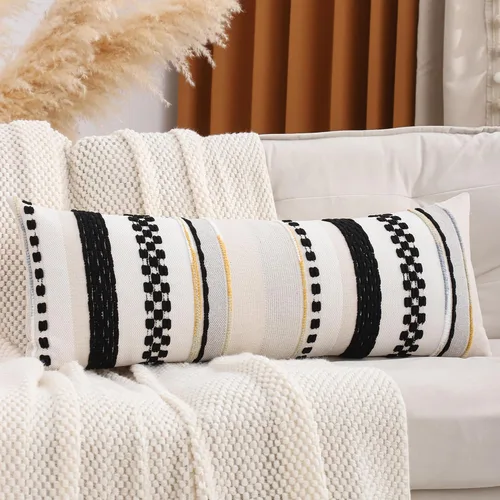Vista 13 de Juego de 2 fundas de almohada bohemias de 18 x 18 pulgadas, color negro y crema Rayas negras