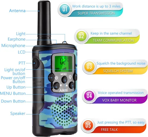 Vista 2 de Aikmi - Walkie Talkies para niños, de 22 canales de radio, 2 vías y 3 millas de alcance. Walkie Talkies de juguete duraderos, el mejor regalo