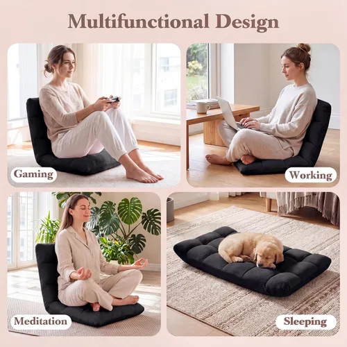 Vista 9 de Giantex Silla plegable de suelo con soporte para el respaldo, 14 posiciones ajustables, cama acolchada, sillón reclinable, sillas de video para Negro