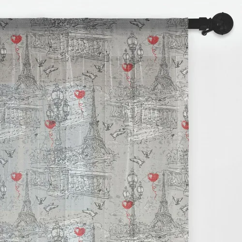 Vista 49 de Ambesonne Cortinas de tul Eiffel con bolsillo para barra, globos retro de corazón de café, remolinos de hito francés, cortina transparente