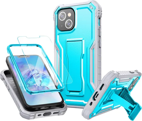 Vista 17 de FITO Funda para Apple iPhone 13, doble capa a prueba de golpes resistente con protector de pantalla de vidrio templado y soporte integrado (verde)