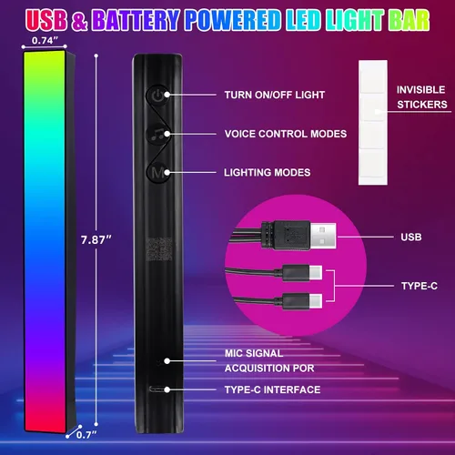 Vista 2 de Barra de luz de ritmo alimentada por batería, luces de ritmo de captación de control de sonido RGB, control por aplicación, luces LED de nivel