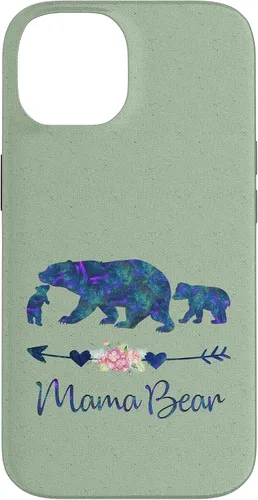 Vista 4 de Teal Blue Purple Floral Mama Bear and Two Cubs Light Green Case for iPhone 16