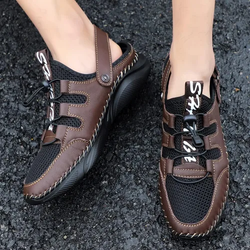 Vista 6 de Sandalias para hombre con soporte de arco para fascitis plantar, antideslizantes, zapatos de verano, de cuero, ajustables, para exteriores
