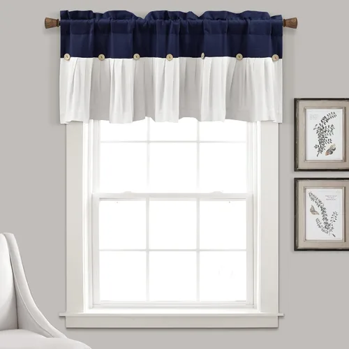 Vista 17 de Lush Decor - Cenefa para cortina con botones de lino estilo granja, 52 pulgadas de ancho x 18 pulgadas de largo, negro y blanco - Valances