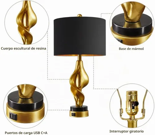 Vista 5 de Juego de 2 lámparas de mesa modernas de 25.5 pulgadas para sala de estar, dormitorio, lámparas de noche escultóricas de hoja dorada con base