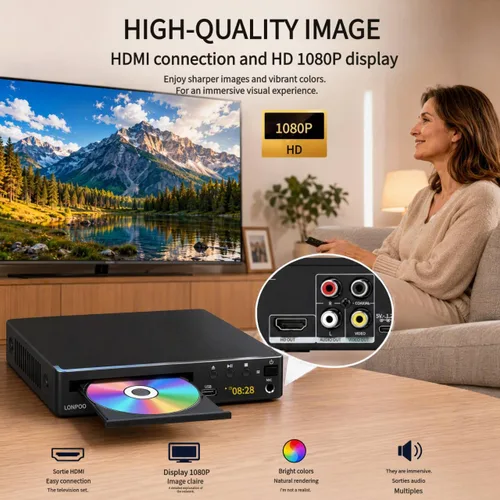 Vista 3 de LONPOO Reproductor de DVD para el hogar con HDMI, reproductor de DVD compacto para Smart TV, reproductor de CD de DVD sin regiones con salida Todo