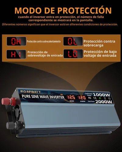 Vista 4 de Inversor de potencia de onda sinusoidal pura de 1000 W, 12 V CC a CA 110 V 120 V, potencia máxima de pico de 2000 W, con 2 tomas de CA, inversor