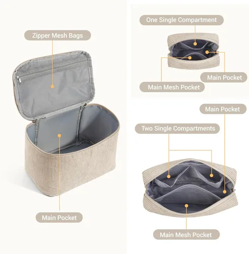 Vista 3 de MAGEFY Pequeña bolsa de maquillaje para bolso, mini bolsa de cosméticos de pana, linda bolsa cosmética para mujeres con bolsillos deslizantes