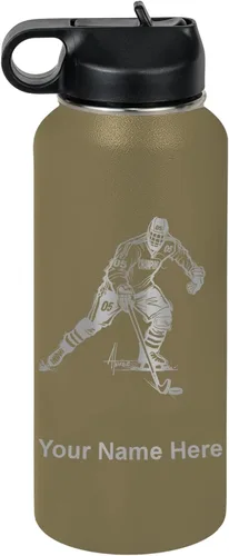 Vista 67 de LaserGram Botella de agua personalizada, jugador de hockey, acero inoxidable de doble pared aislada al vacío con popote superior, regalo grabado