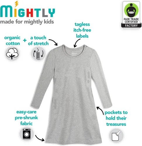 Vista 3 de Mightly Vestido de camiseta básico de manga larga para niña, 95% algodón orgánico, colorido vestido de camiseta para niños, escuela, fiestas