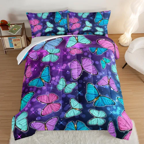 Vista 8 de Juego de edredón de mariposa HOSIMA con 2 fundas de almohada, edredón de galaxia con cielo estrellado lunar, decoración de habitación de mariposas