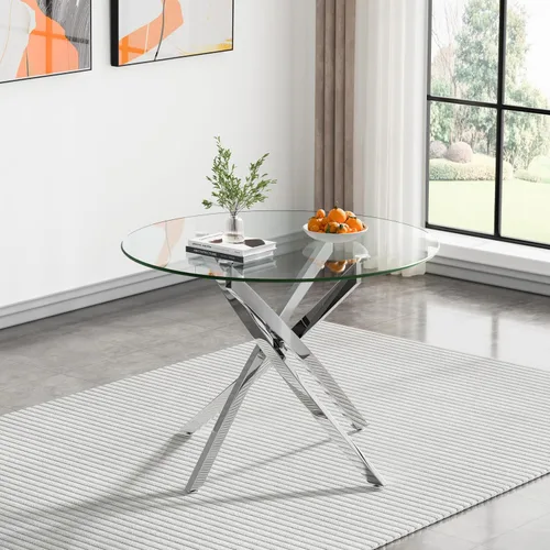 Vista 14 de Mesa de comedor redonda, mesa de cocina de vidrio de 36 pulgadas para 4 personas, mesa de comedor de vidrio templado con patas de metal plateadas