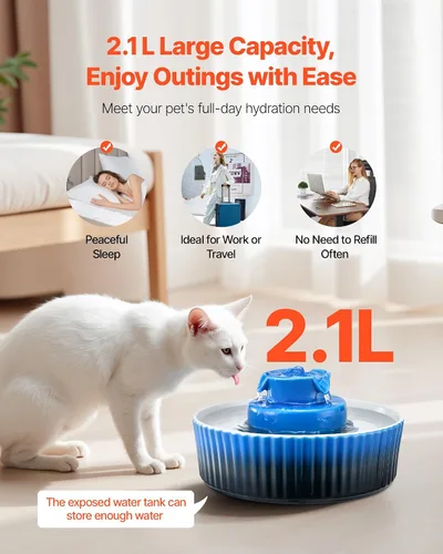 Vista 2 de VEVOR - Fuente de agua de cerámica para gatos, fuente de agua VEVOR de 2.1L/71 onzas, dispensador de agua de porcelana, bomba ultrasilenciosa, área