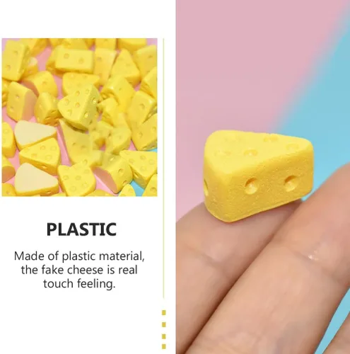 Vista 3 de TOYANDONA 100 piezas de queso de cocina en miniatura, modelos de queso artificiales, triángulo de simulación, figuras de comida de pastel de queso