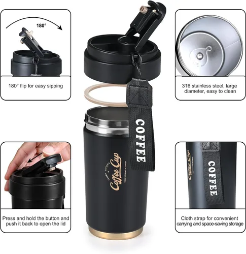 Vista 5 de FrutPunch Termo térmico de café de viaje con tapa, termo de café de acero inoxidable 316 con aislamiento al vacío de doble pared, mantiene