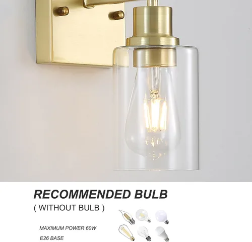 Vista 3 de Paquete de 2 lámparas de pared para sala de estar, luces de tocador de oro cepillado con pantalla de cristal, apliques de pared modernos de granja