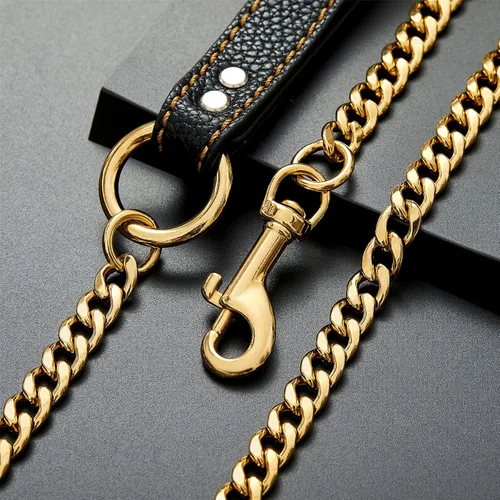 Vista 5 de Correa de cadena dorada de 4.3 pies para perros con cómoda asa de tráfico acolchada para perros de razas pequeñas, medianas y grandes, resistente