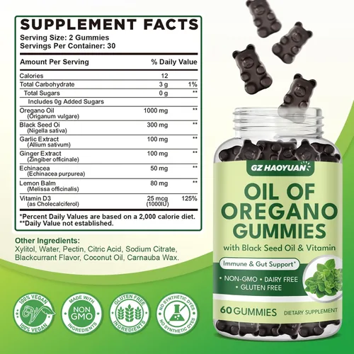 Vista 2 de Gomitas de aceite de orégano con aceite de semilla negra + vitamina D3, aceite de orégano orgánico de alto carvacrol, apoyo inmunológico