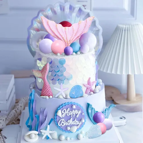 Vista 6 de JeVenis Decoración de pastel de sirenita rosa púrpura bajo el mar, decoración de tarta de cola de sirena de conchas marinas, suministros de fiesta