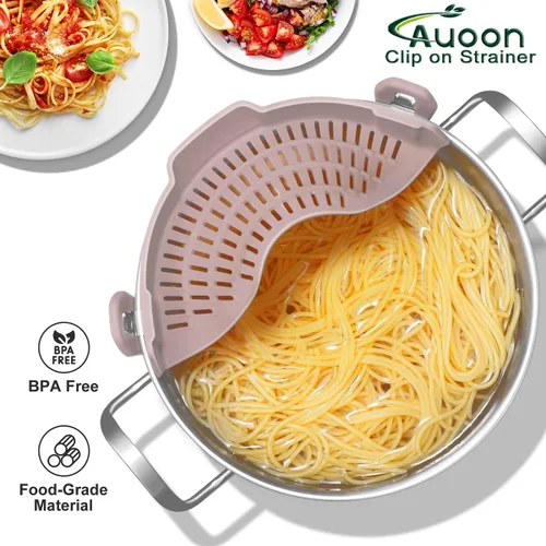 Vista 2 de AUOON - Colador grande con clip para todas las ollas y sartenes, colador de silicona de gran tamaño, diseño familiar, colador de pasta, colador