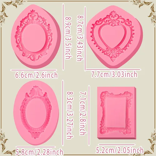 Vista 5 de Moldes de silicona con marco barroco, 4 piezas, molde de fondant de chocolate para decoración de pasteles, molde de resina de arcilla, decoración