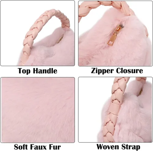 Vista 7 de Bolso de mano esponjoso para mujer, bolso de piel sintética con asa superior mullida, bolso de mano de felpa