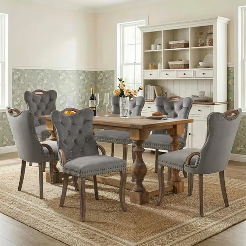 Vista 104 de SoarFlash Juego de 2 sillas de comedor de terciopelo, silla lateral de respaldo alto, silla lateral moderna tapizada de alta gama con botones Beige