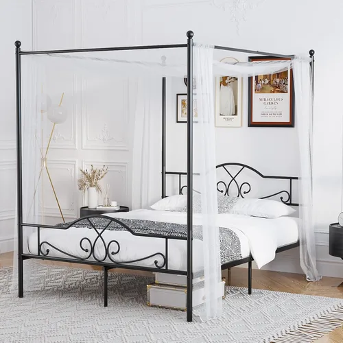 Vista 10 de Weehom - Base de cama con dosel tamaño queen con cabecera y estribo, base de colchón de plataforma metálica con cuatro postes, almacenamiento debajo