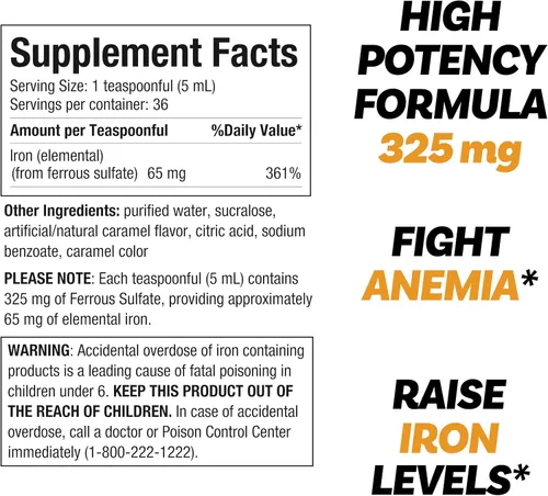 Vista 2 de Llorens Care - Sulfato ferroso 325 mg de hierro líquido, 65 mg de hierro elemental, 6 onzas, sabor caramelo (6 onzas, caramelo)