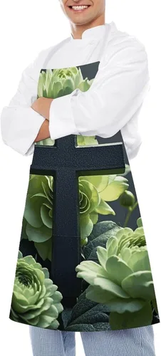 Vista 4 de MUSM Apron for Adults - 27.6 X 31.5 Inch, Heavy-Duty Polyester Aprons with Two Large Pockets, Waterproof Black Cross Among Green Flowers Kitchen
