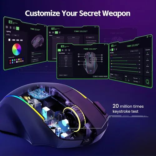 Vista 6 de RisoPhy Ratón inalámbrico para juegos, triple modo 2.4GUSB-CBluetooth hasta 10000DPI, retroiluminación Chroma RGB, mouse ergonómico con 8 botones